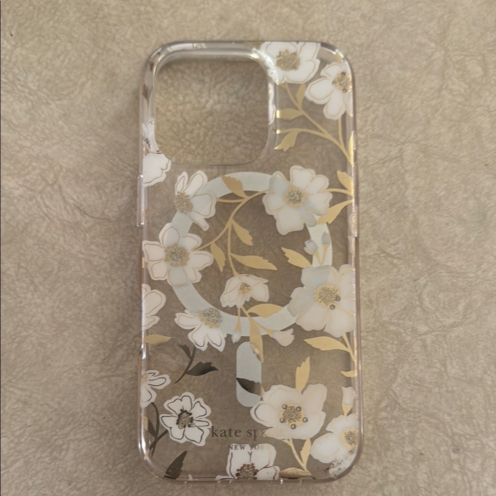 Kate Spade White and Gold iPhone Case with Floral Design for I 14 pro